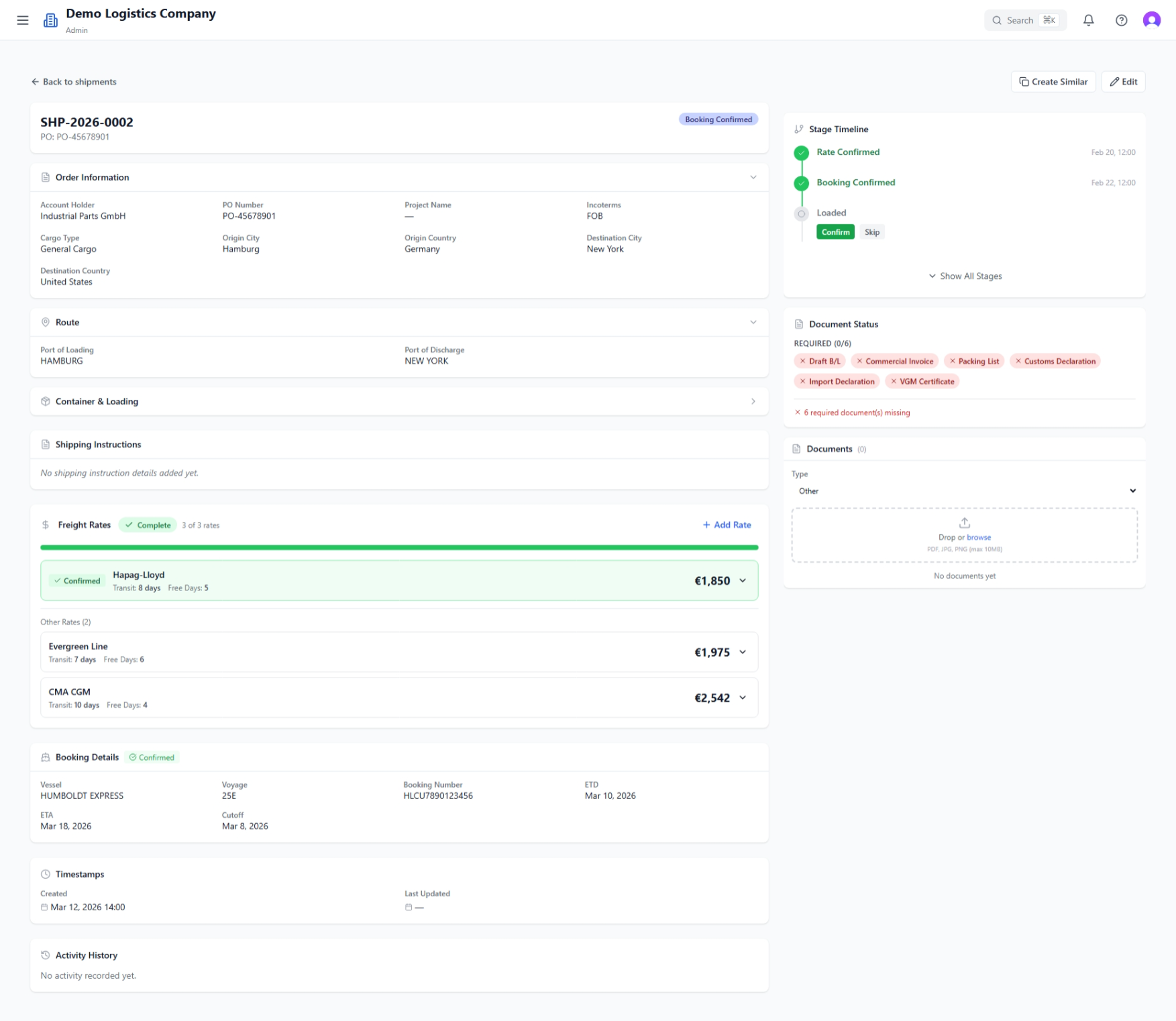 CargoLens shipment detail view showing booking and status information